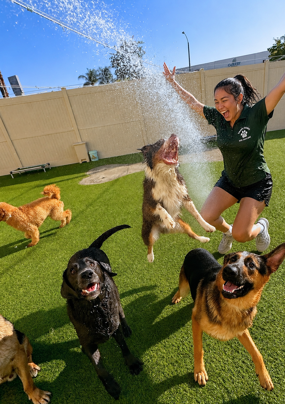 Woman playing with dogs outdoors