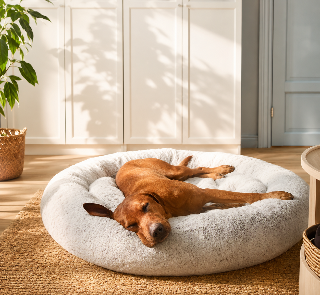 Large pet bed with a dog resting inside