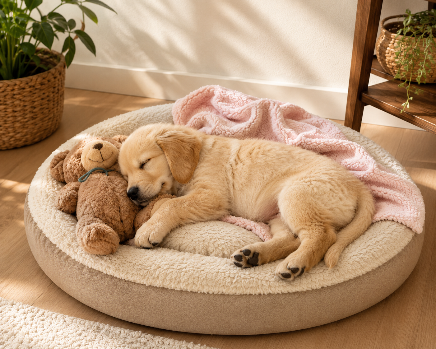 Small pet bed with a puppy sleeping inside